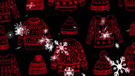 Animation-Von-Schnee,-Der-über-Weihnachtliches-Rotes-Hut--Und-Pullovermuster-Im-Hintergrund-Fällt