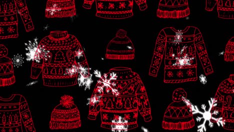 animación de nieve cayendo sobre el sombrero rojo de navidad y el patrón de suéter en el fondo