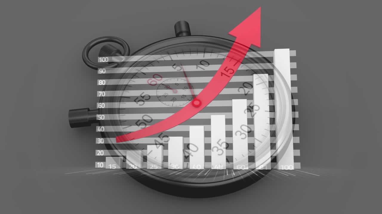 animación de estadísticas con flecha roja y cronómetro