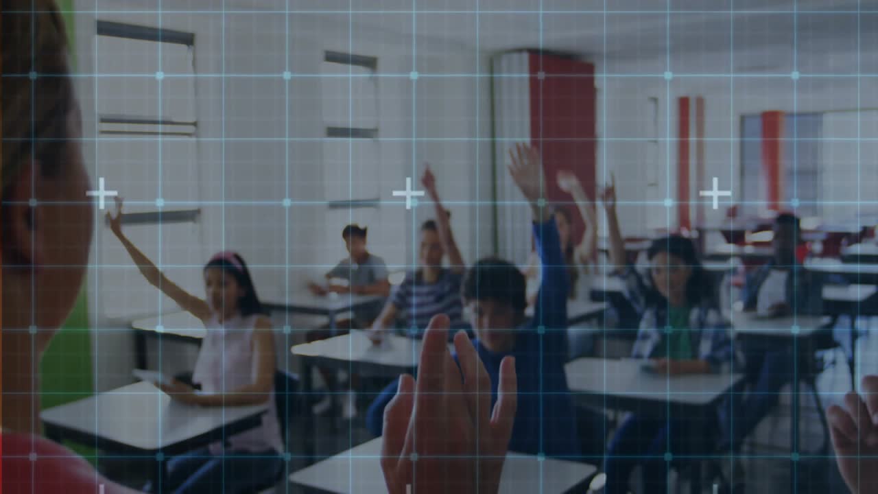 Teacher raising hand causing question icon and counter showing student response in classroom