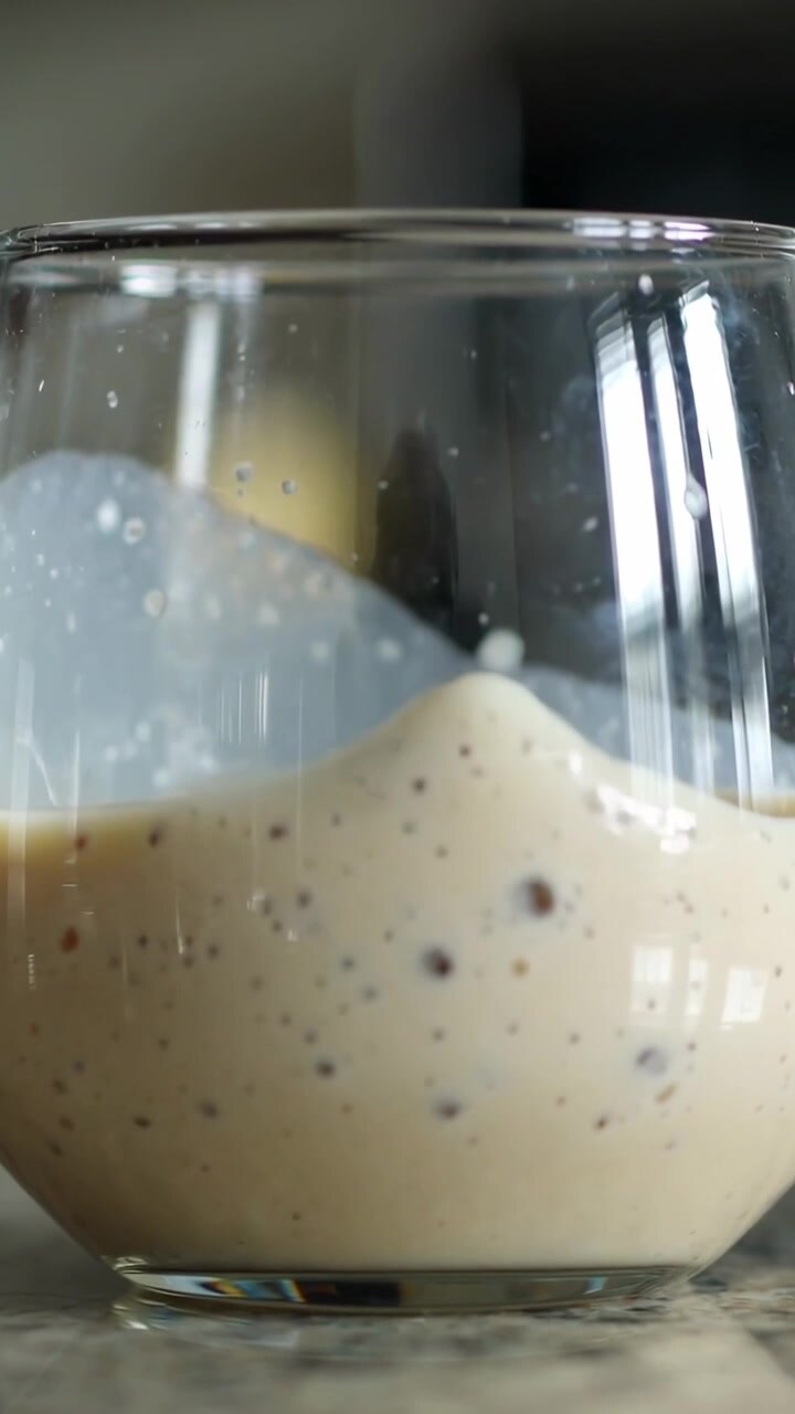 Video verticale: Goccia che cade e colpisce un bicchiere trasparente sul bancone, facendo schizzare crema maculata.