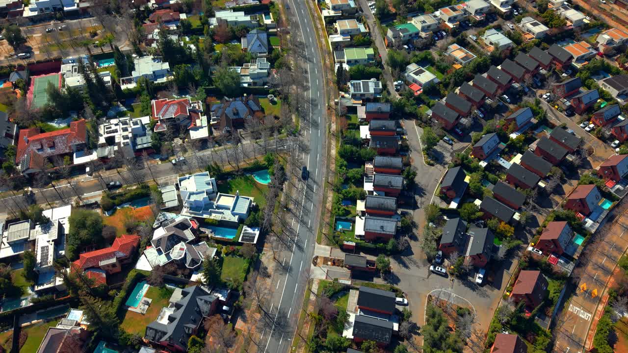 Aerial Drone fly Los Trapenses Neighborhood Streets, Exclusive Houses in Santiago de Chile