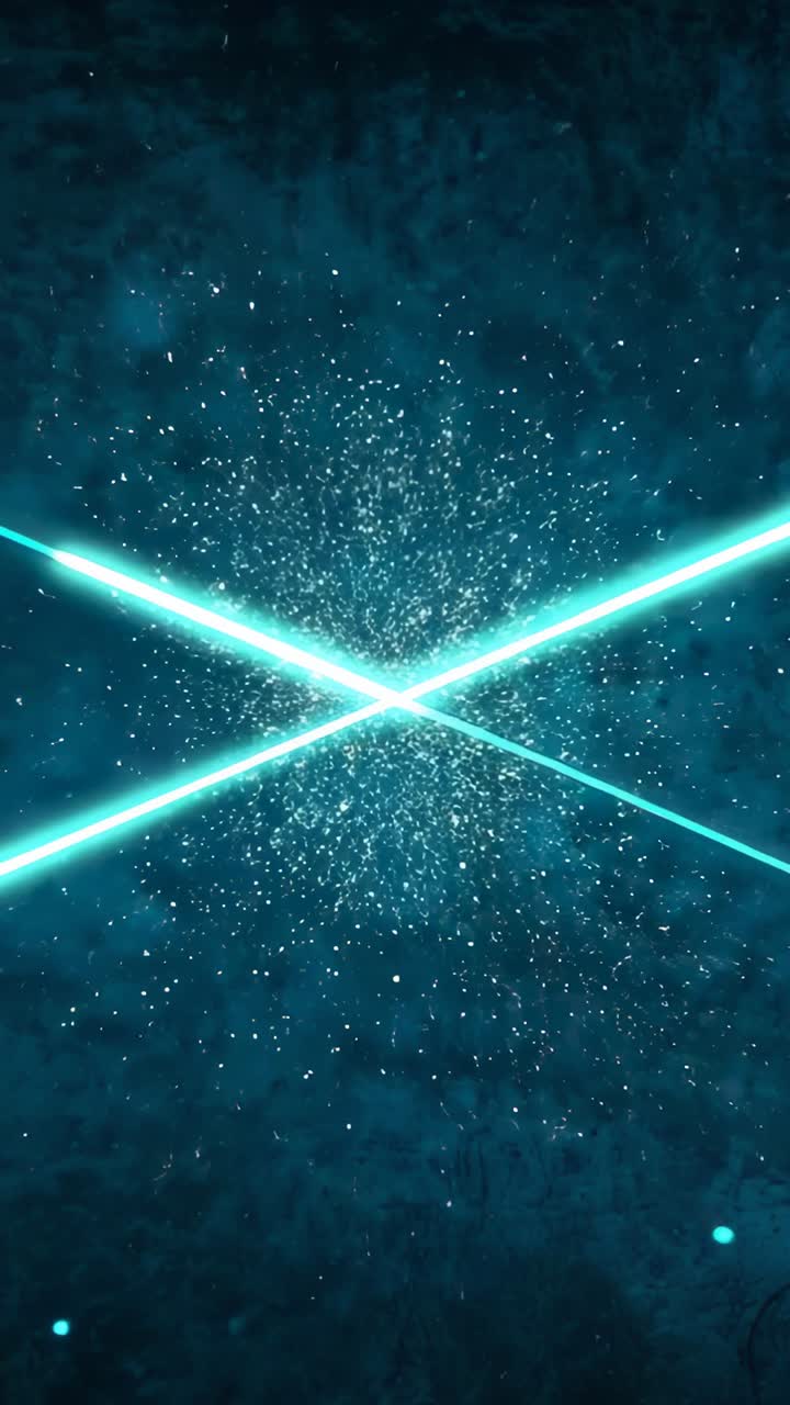 Vertical video: Emerging two cyan beams sliding inward forming X in teal backdrop bursting sparks