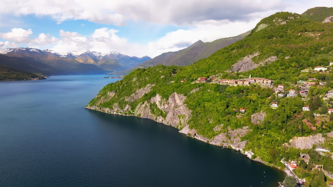 Aerial drone view of Varenna village near Lake Como, Italy