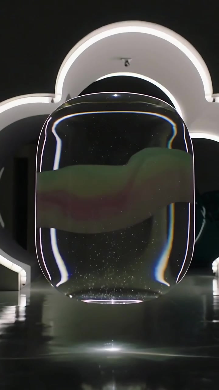 Video verticale: Telecamera che si allontana mentre una luce ad anello sale dietro il vetro, mostrando bolle a nastro nel set.