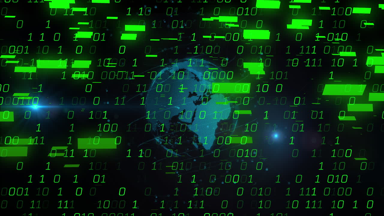 animación de barras y códigos binarios con luces de lente alrededor del globo sobre fondo negro