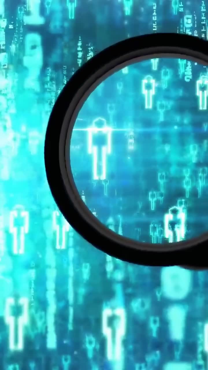Close-up video of a magnifying glass over digital human icons, angled from above
