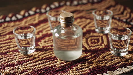 small bottle of clear liquid with shot glasses on a patterned mat