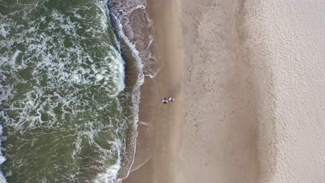 antena: vista superior de una pareja joven caminando cerca de la orilla del mar en un día nublado