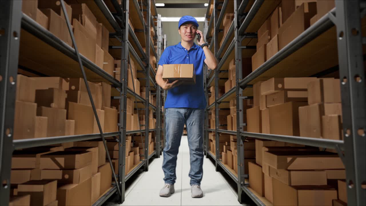 cuerpo lleno de mensajero masculino asiático en uniforme azul hablando en teléfono inteligente mientras entrega un cartón en el almacén