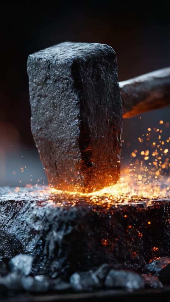 Forgiare il futuro: l'arte della lavorazione dei metalli catturata in dettagli mozzafiato mentre un martello colpisce l'incudine, scintillando di energia e trasformazione