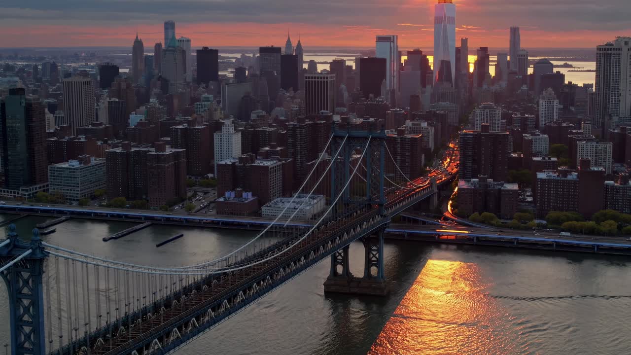 Aerial view of a city skyline at sunset, capturing a bridge and skyscrapers