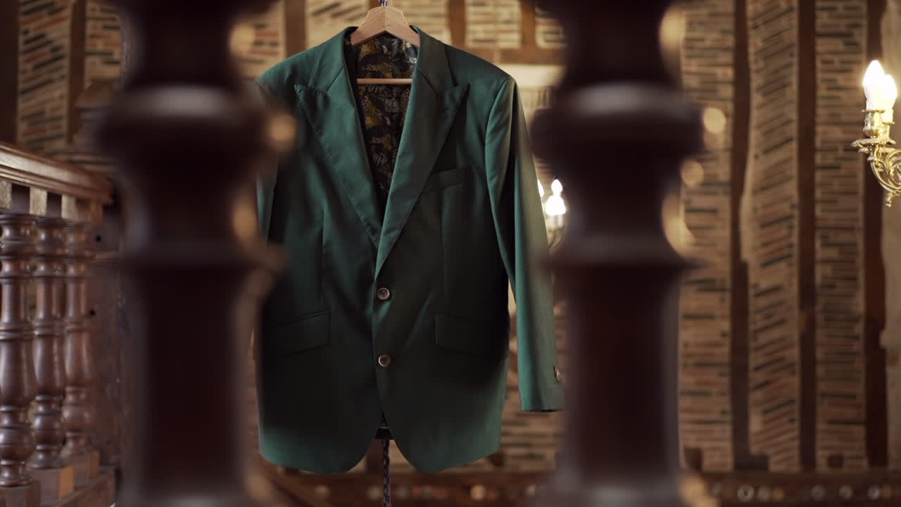 녹색 블레이저는 시골 목조 인테리어에서 매달려 있으며, 목조 기둥으로 프레임되어 아한 분위기를 만니다.