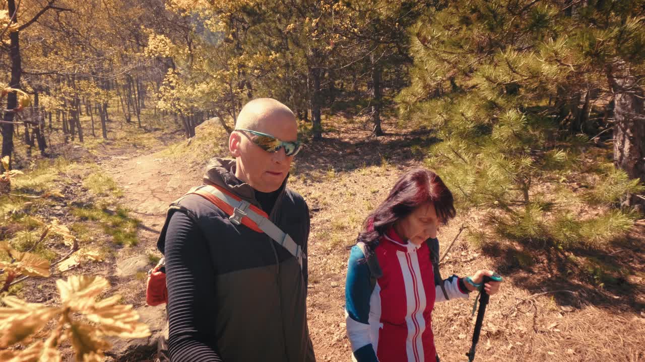 Una coppia matura felice sulla cinquantina si gode un'escursione nel bosco in una soleggiata giornata di primavera. Anziani attivi che fanno trekking con i bastoncini, esplorando la natura e uno stile di vita sano. Filmato 4K di alta qualità