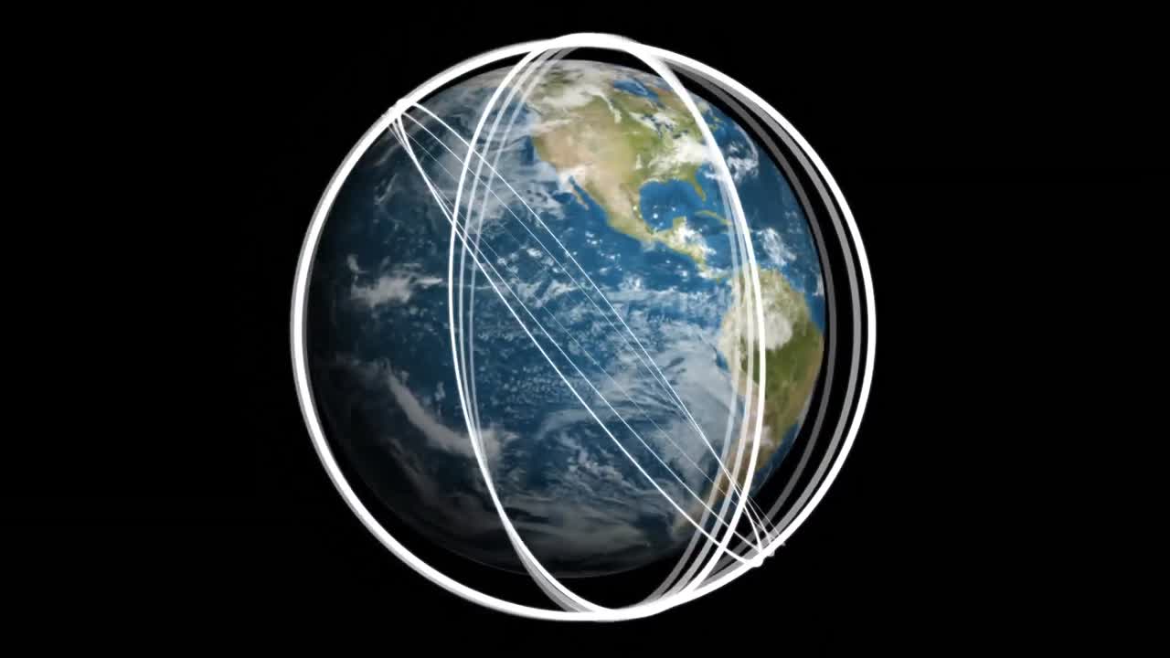 추상적인 고리 구조가 검은 바탕에 회전하는 지구 위에서 회전합니다.