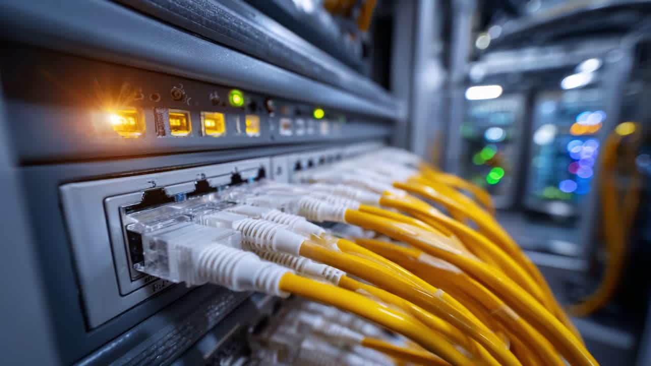Detailed Close-up of Network Cables and Server Ports: Exploring Connectivity in Modern Data Centers with Bright LEDs Indicating Status and Activity
