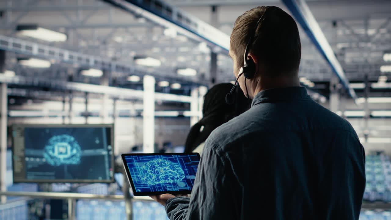 Data Center Engineer Using Ai On Tablet To Help Clients Resolve Hosting Problems