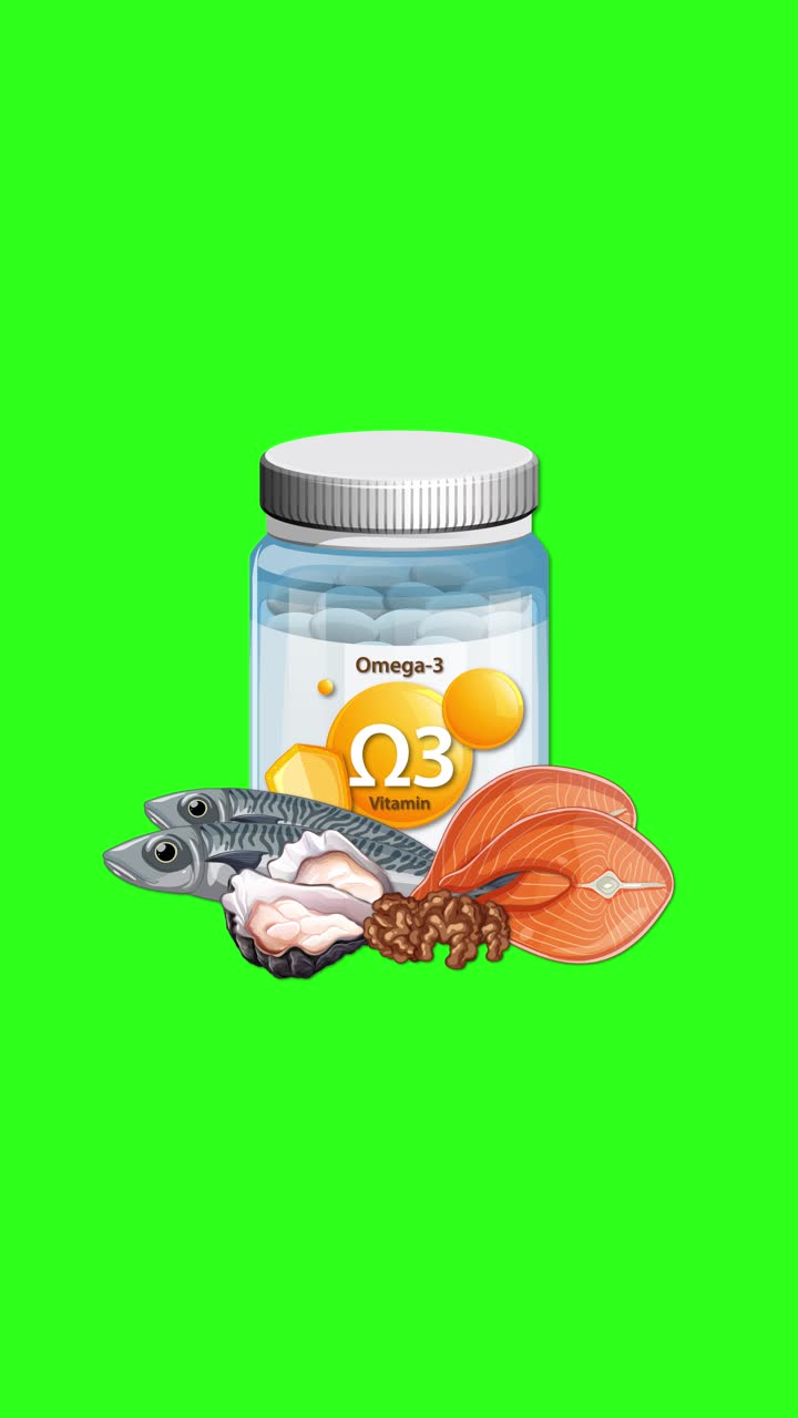 Una bottiglia di integratore Omega-3 appare con pesce, salmone, noci e ostriche su uno sfondo verde brillante.