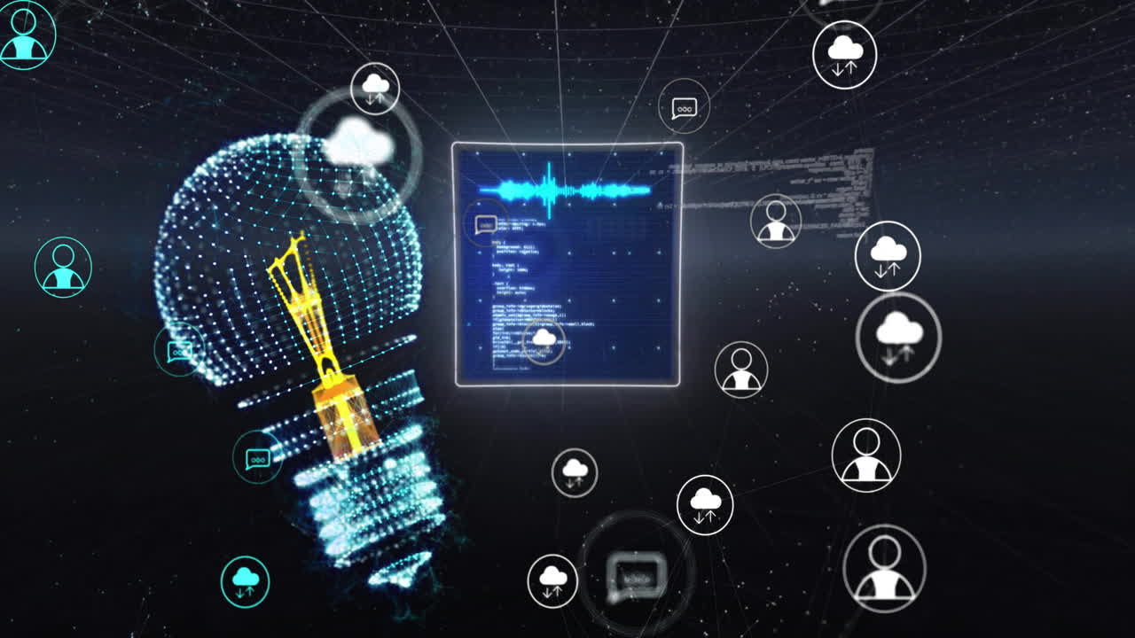 Animation of light bulb and digital data processing over dark background