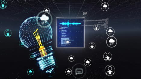 animation of light bulb and digital data processing over dark background
