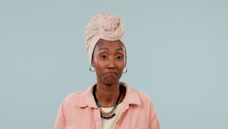 confused, shrug and face of black woman in studio