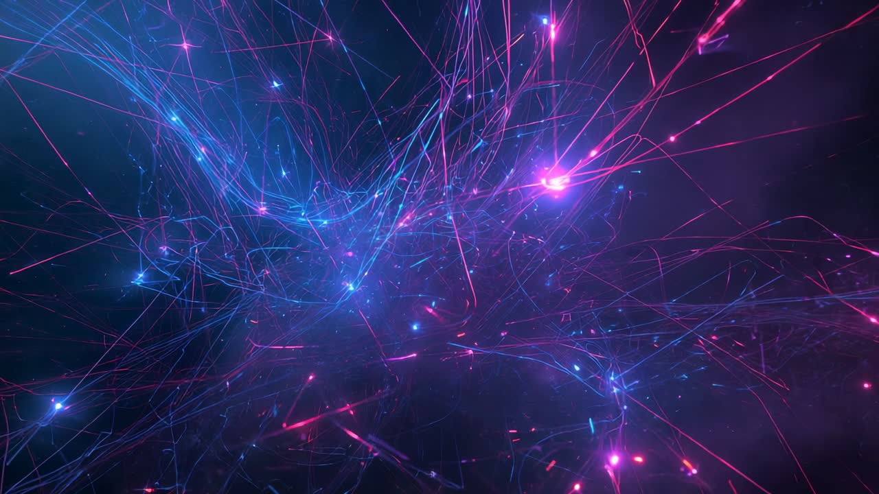 Cyan magenta filaments emerging from diffusing cluster and pulsing in void, with glowing nodes