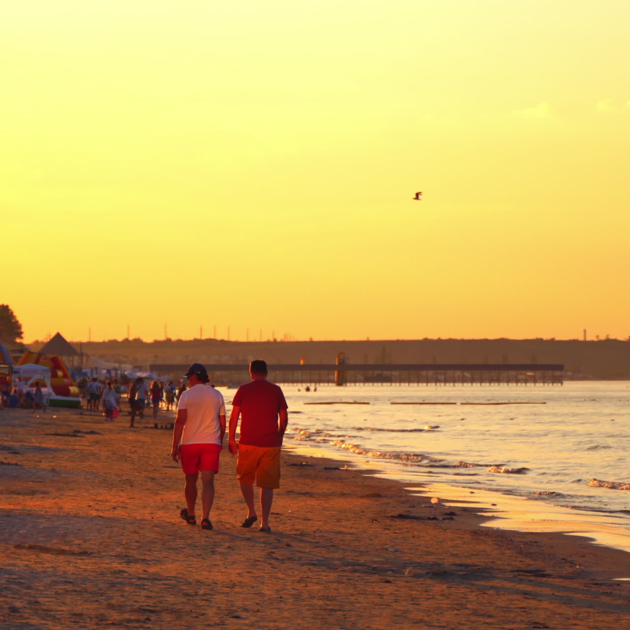 Back view of two men are walking on the beach at sunset. People walking in the evening on the beautiful sea background outdoors.