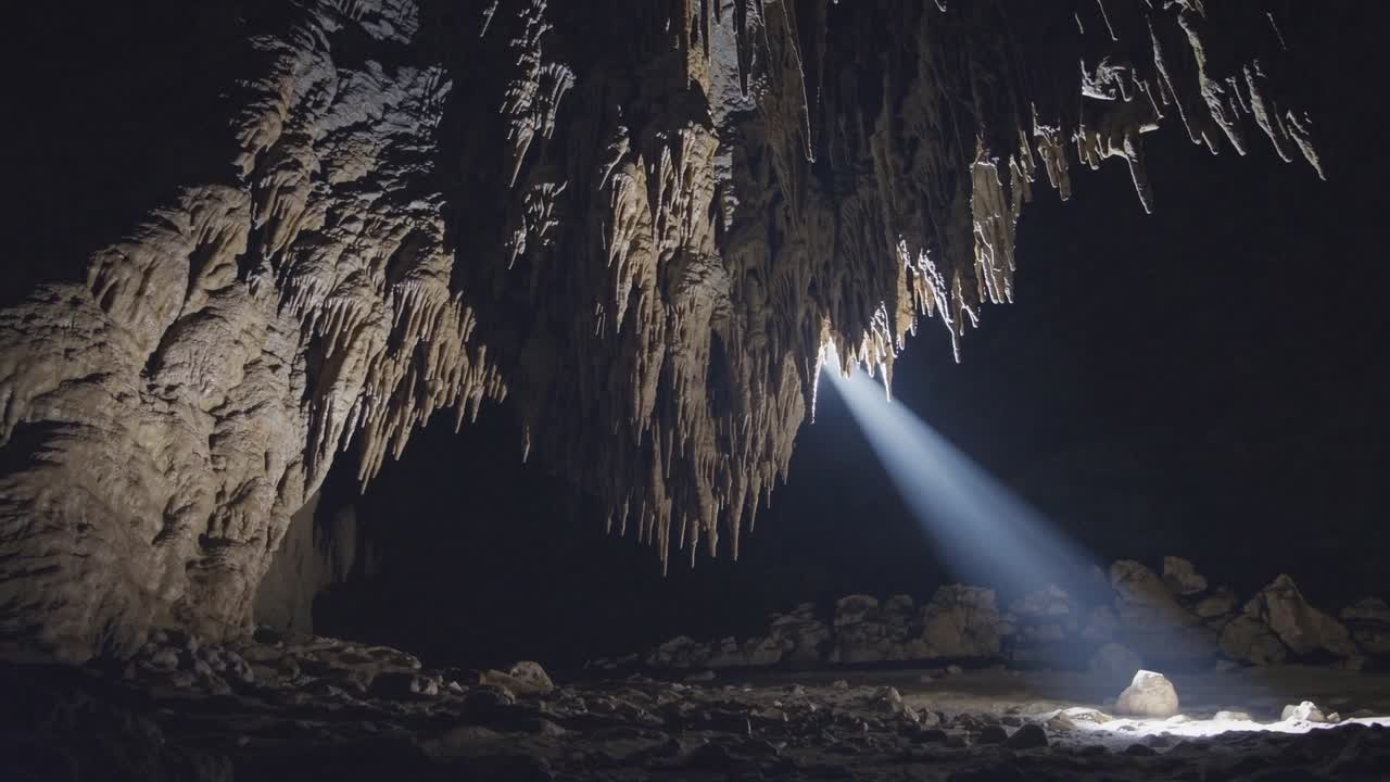 Cave Interior with Stalactites and Light Beam