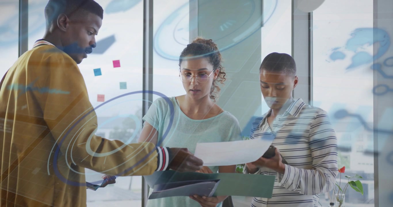 Vertical video: Handing papers, man in yellow jacket and team sorting docs at office checking phone