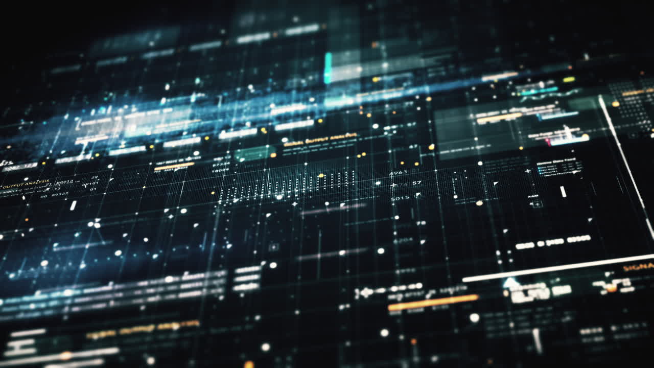 Advance data matrix, telemetry and encrypt numbers simulation user interface display in cyber space abstract de-focus environment background