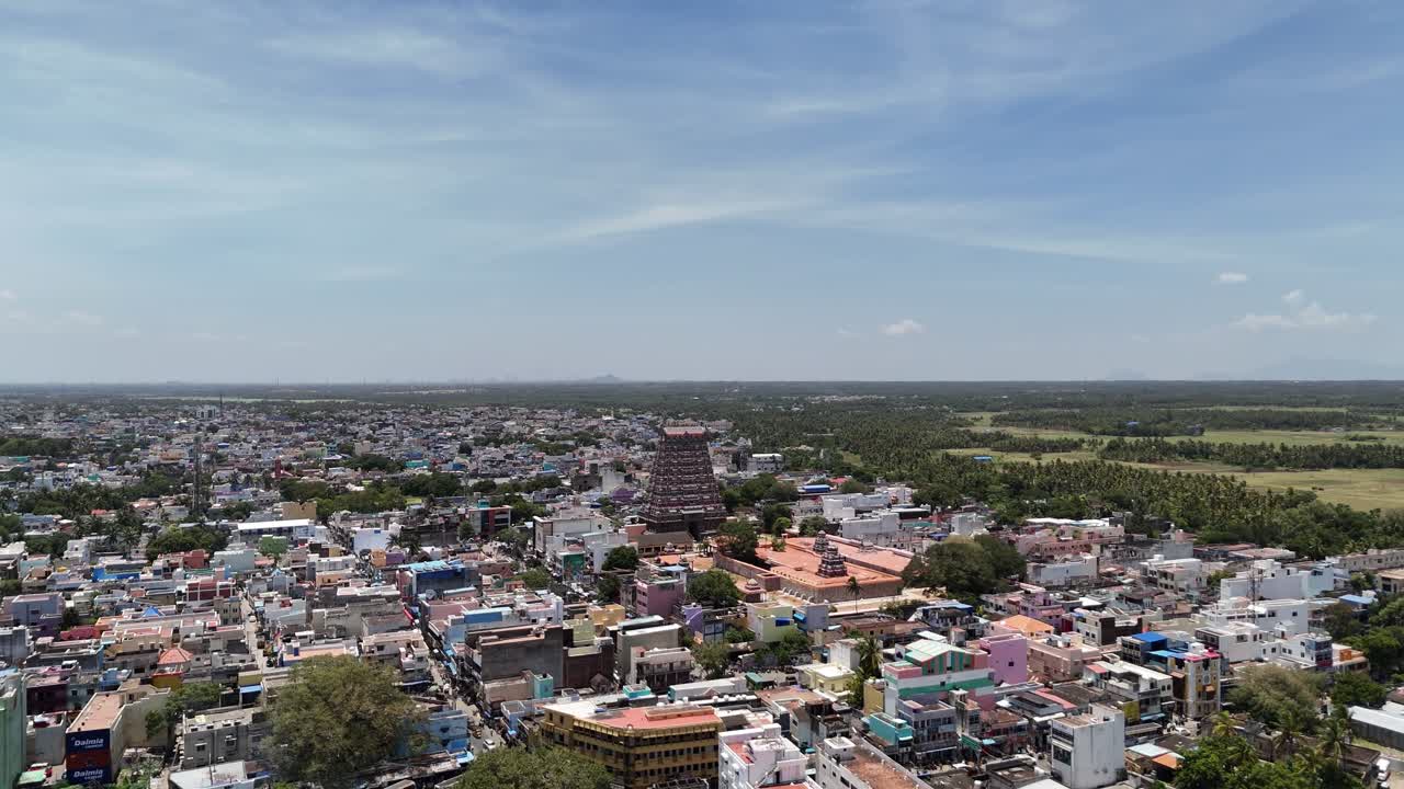 An aerial panoramic view of Tenkasi town in Tamil Nadu, India, featuring the magnificent Kasi Viswanathar Temple (Tenkasi Temple) at the center. The ancient Dravidian-style temple tower gopuram