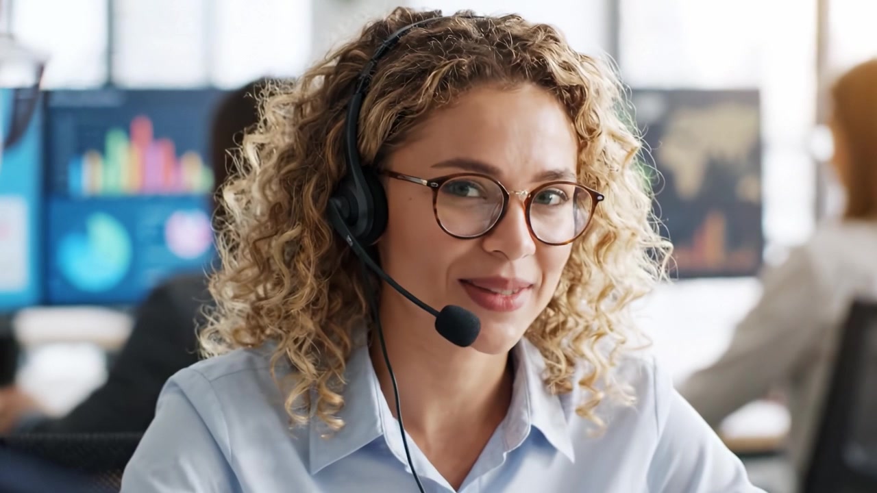 Cheerful customer support agent in a busy office environment, effectively communicating with clients while showcasing professional demeanor and excellent multitasking skills.