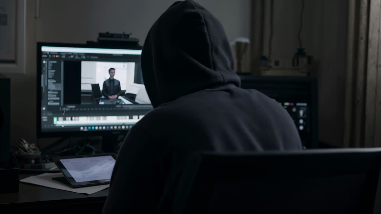 Riproduzione in avvio, editor con felpa con cappuccio che revisiona i clip e usa il tablet alla scrivania, con la timeline sul monitor.