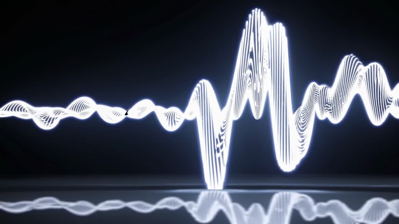 Dynamic video of white sound waves on a black background, captured from a low angle