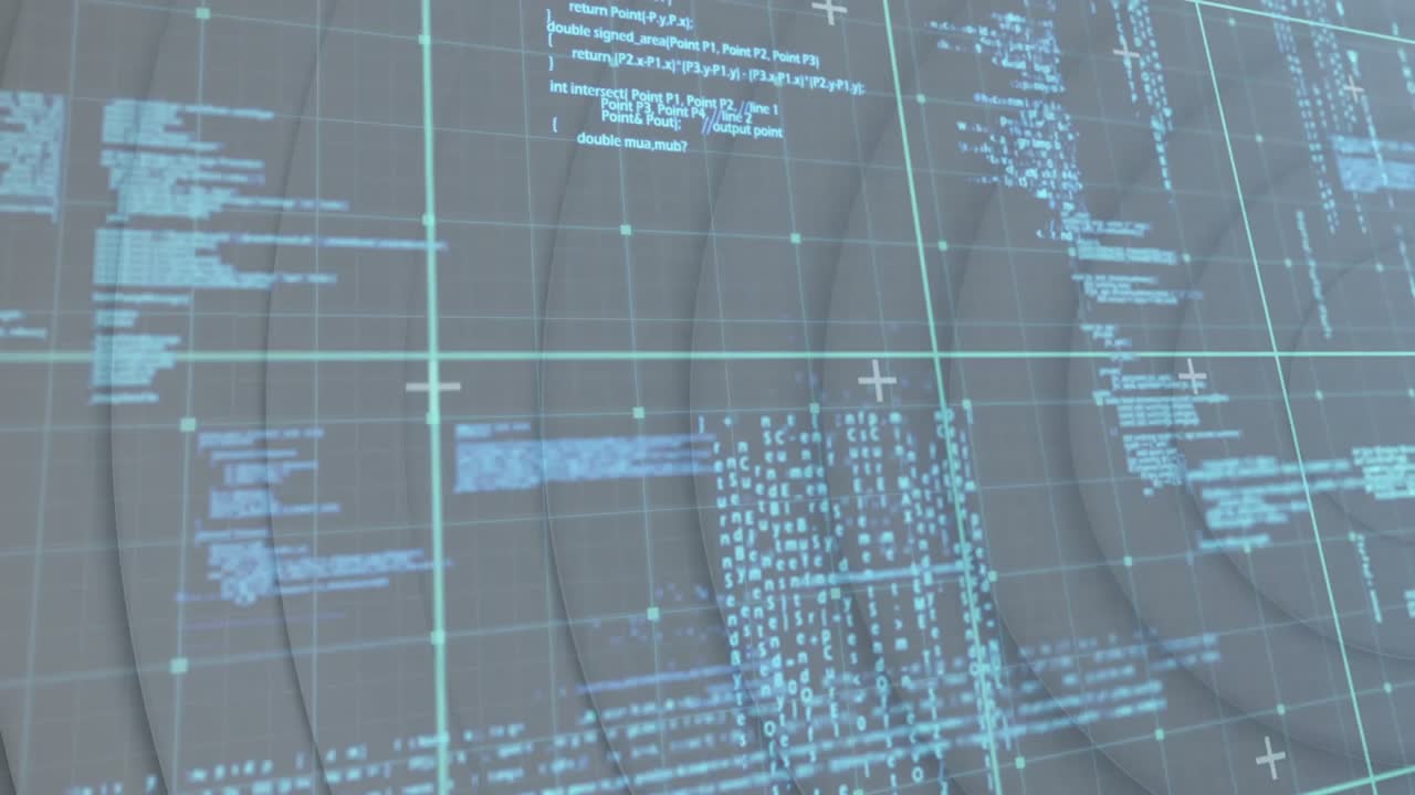 Translucent code UI floating over dark screen showing overlapping code snippets and grid lines
