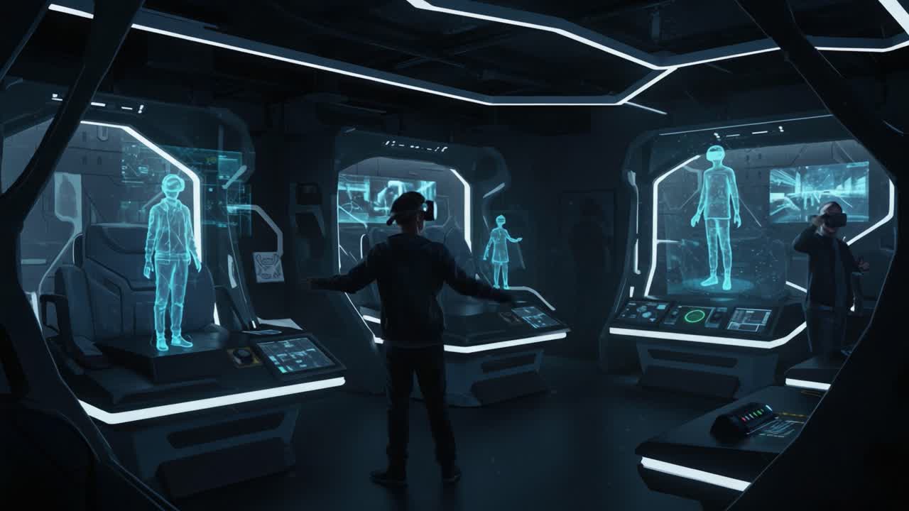 Exploring Virtual Realities: An Immersive Experience in a Futuristic Hub with Holographic Displays and Advanced Technology