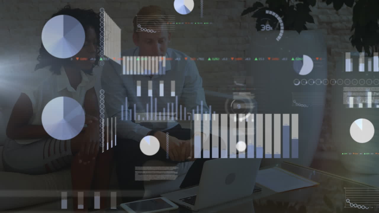 Animation of statistics and data processing over business people using laptop
