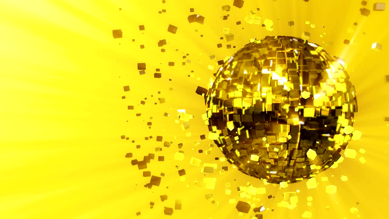추상적인 루프 된 애니메이션 배경: 노란색-금색-오렌지색 반이는 빛의 줄무와 결정의 조각이 회전하고 반사되는 광선을 가진 큐브로 구성된 박동하고 회전하는 반이는 디스코 공