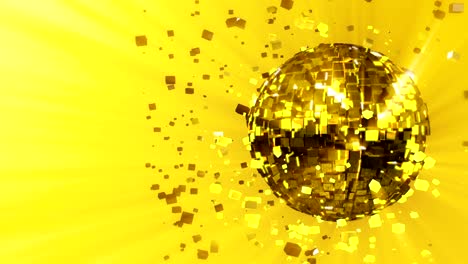 abstract looped animated background: pulsating and spinning glow disco ball composed of cubes with yellow-gold-orange shinny streaks of light and shards of crystals rotating around and reflecting rays
