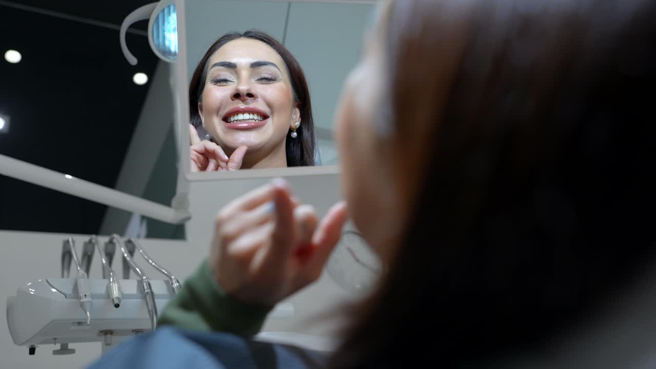 Woman looking at her teeth in a mirror at the dentist