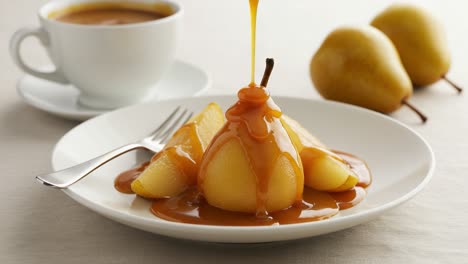 poached pears with caramel sauce and coffee