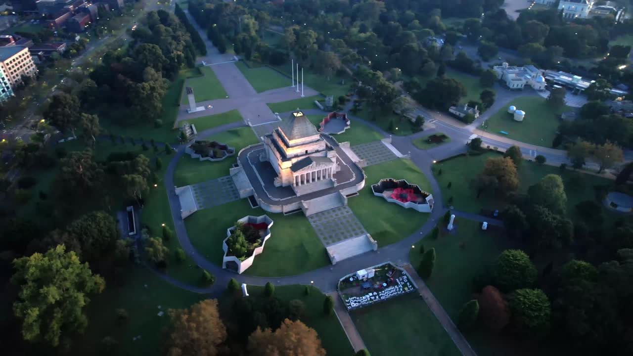 Aerial orbit around the Shrine of Remembrance in Melbourne in the morning