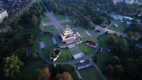 aerial orbit around the shrine of remembrance in melbourne in the morning