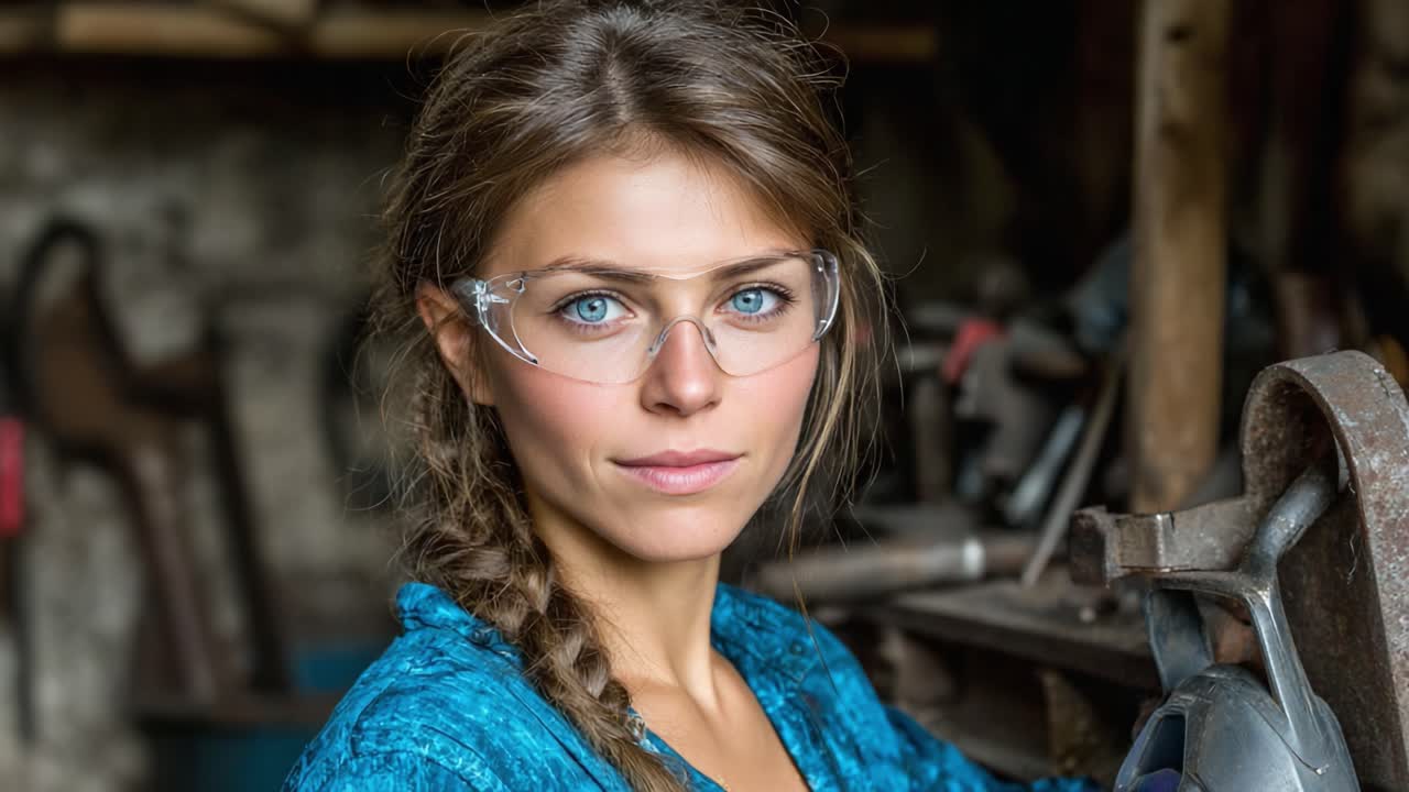 Captivating Portrait of a Skilled Artisan in Her Workshop, Showcasing Expert Craftsmanship and Determination Amidst Tools and Gear