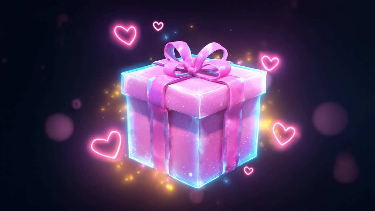 Una vivace confezione regalo circondata da cuori luminosi e brillantini, che rappresenta festa, amore e gioia in uno stile magico e incantevole con un'estetica giocosa