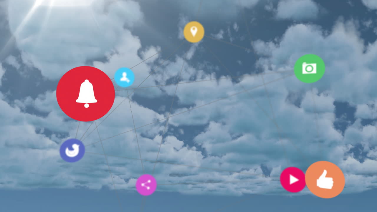 Floating animation of colorful social media icons over cloudy sky background