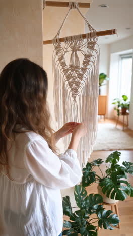 woman crafting a macrame wall hanging