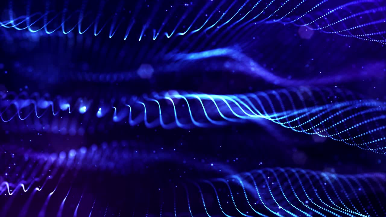 4k bucle de fondo de partículas de ciencia ficción con bokeh y efectos de luz. partículas azules brillantes forman líneas, superficies, estructuras complejas en movimiento suave como en el microworld o el espacio. cadenas de partículas 2