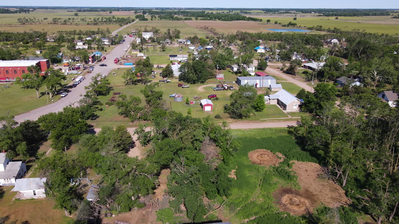 Aerial overview of Twister destruction in the Plevna town, in sunny Kansas, USA