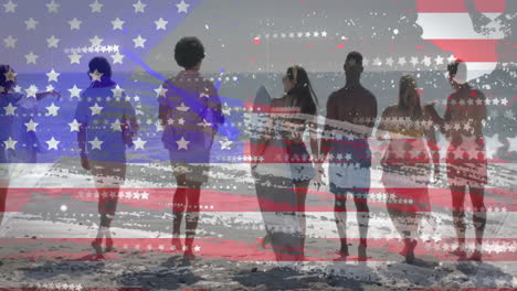 Animation-of-flag-of-usa-over-happy-diverse-friends-on-beach-in-summer